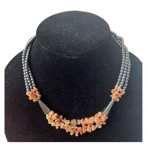 Pearl Coral Chip Bead Vintage Triple Strand‎ Beaded Necklace 18 Inches Hematite